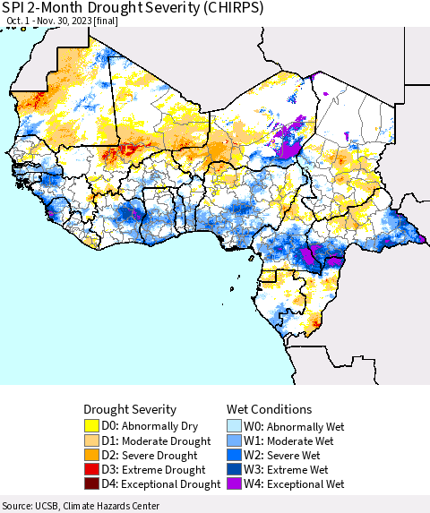 Western Africa SPI 2-Month Drought Severity (CHIRPS) Thematic Map For 10/1/2023 - 11/30/2023