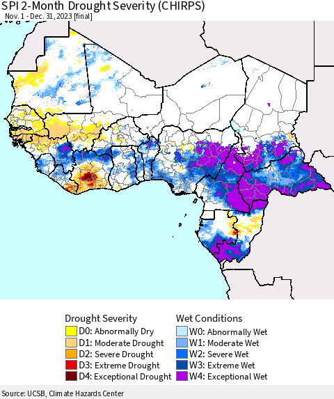 Western Africa SPI 2-Month Drought Severity (CHIRPS) Thematic Map For 11/1/2023 - 12/31/2023