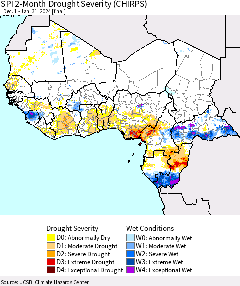 Western Africa SPI 2-Month Drought Severity (CHIRPS) Thematic Map For 12/1/2023 - 1/31/2024