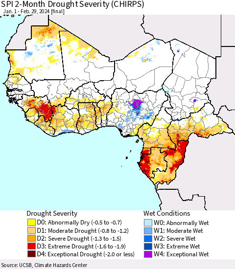 Western Africa SPI 2-Month Drought Severity (CHIRPS) Thematic Map For 1/1/2024 - 2/29/2024