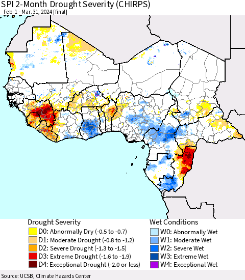 Western Africa SPI 2-Month Drought Severity (CHIRPS) Thematic Map For 2/1/2024 - 3/31/2024
