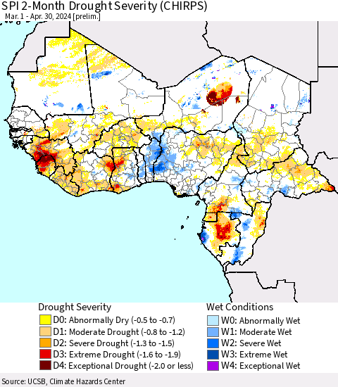 Western Africa SPI 2-Month Drought Severity (CHIRPS) Thematic Map For 3/1/2024 - 4/30/2024