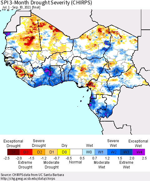 Western Africa SPI 3-Month Drought Severity (CHIRPS) Thematic Map For 7/1/2021 - 9/30/2021