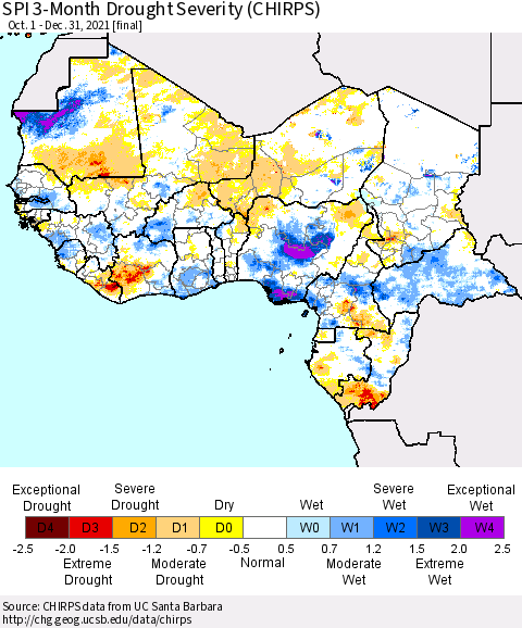 Western Africa SPI 3-Month Drought Severity (CHIRPS) Thematic Map For 10/1/2021 - 12/31/2021