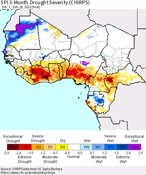 Western Africa SPI 3-Month Drought Severity (CHIRPS) Thematic Map For 12/1/2021 - 2/28/2022