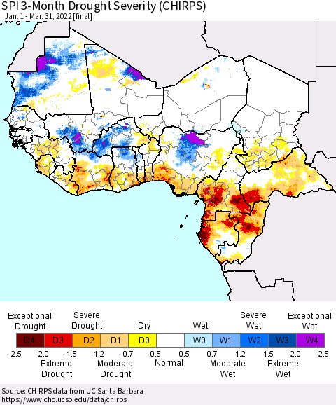 Western Africa SPI 3-Month Drought Severity (CHIRPS) Thematic Map For 1/1/2022 - 3/31/2022
