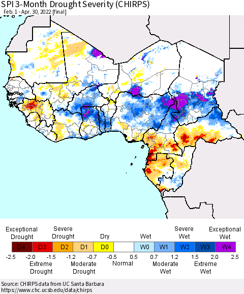 Western Africa SPI 3-Month Drought Severity (CHIRPS) Thematic Map For 2/1/2022 - 4/30/2022