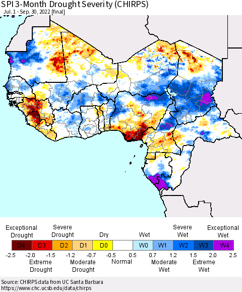Western Africa SPI 3-Month Drought Severity (CHIRPS) Thematic Map For 7/1/2022 - 9/30/2022