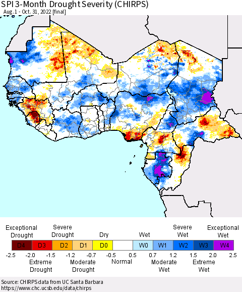Western Africa SPI 3-Month Drought Severity (CHIRPS) Thematic Map For 8/1/2022 - 10/31/2022