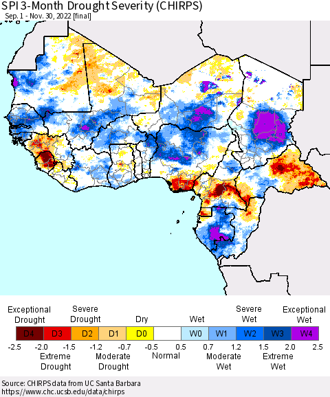 Western Africa SPI 3-Month Drought Severity (CHIRPS) Thematic Map For 9/1/2022 - 11/30/2022