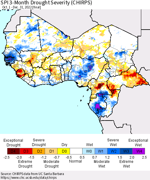 Western Africa SPI 3-Month Drought Severity (CHIRPS) Thematic Map For 10/1/2022 - 12/31/2022