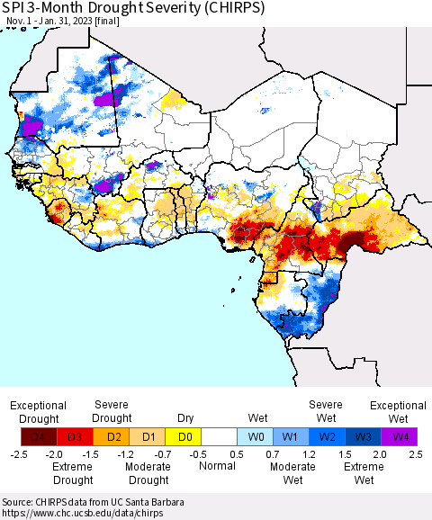 Western Africa SPI 3-Month Drought Severity (CHIRPS) Thematic Map For 11/1/2022 - 1/31/2023