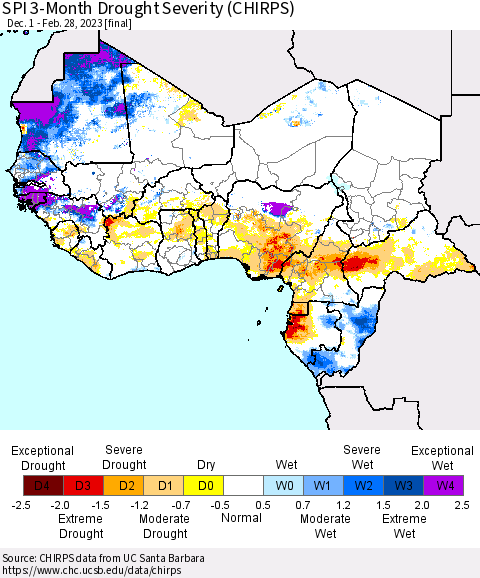 Western Africa SPI 3-Month Drought Severity (CHIRPS) Thematic Map For 12/1/2022 - 2/28/2023