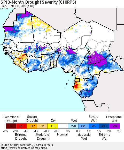 Western Africa SPI 3-Month Drought Severity (CHIRPS) Thematic Map For 1/1/2023 - 3/31/2023