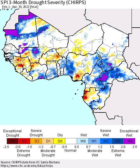 Western Africa SPI 3-Month Drought Severity (CHIRPS) Thematic Map For 2/1/2023 - 4/30/2023
