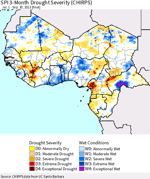 Western Africa SPI 3-Month Drought Severity (CHIRPS) Thematic Map For 7/1/2023 - 9/30/2023