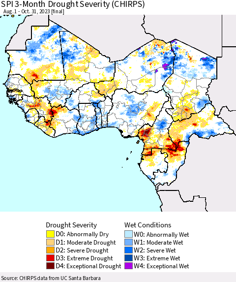 Western Africa SPI 3-Month Drought Severity (CHIRPS) Thematic Map For 8/1/2023 - 10/31/2023
