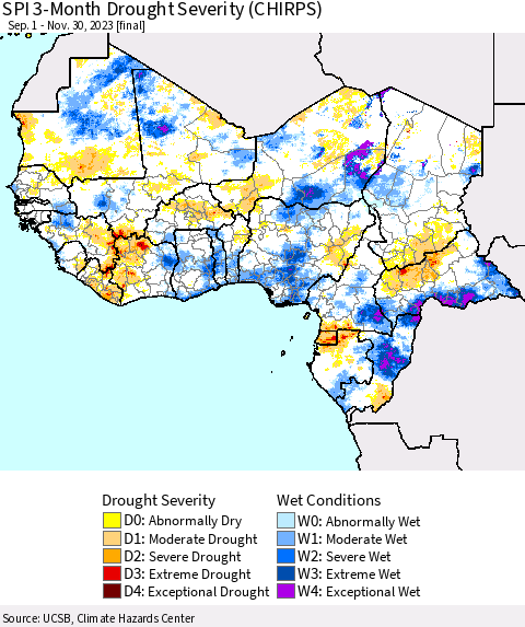 Western Africa SPI 3-Month Drought Severity (CHIRPS) Thematic Map For 9/1/2023 - 11/30/2023