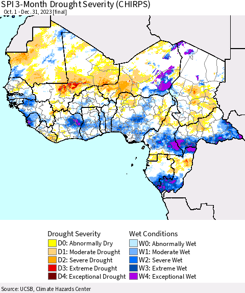 Western Africa SPI 3-Month Drought Severity (CHIRPS) Thematic Map For 10/1/2023 - 12/31/2023