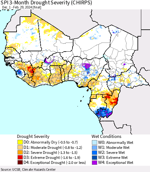 Western Africa SPI 3-Month Drought Severity (CHIRPS) Thematic Map For 12/1/2023 - 2/29/2024