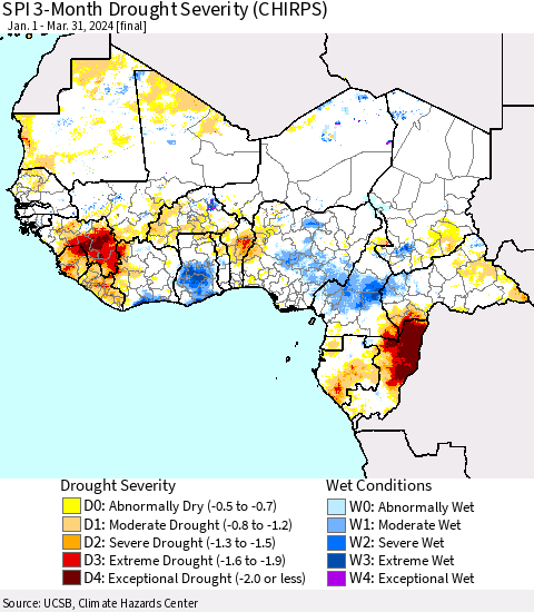 Western Africa SPI 3-Month Drought Severity (CHIRPS) Thematic Map For 1/1/2024 - 3/31/2024