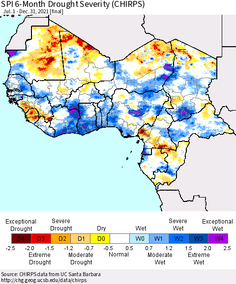 Western Africa SPI 6-Month Drought Severity (CHIRPS) Thematic Map For 7/1/2021 - 12/31/2021