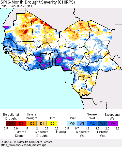 Western Africa SPI 6-Month Drought Severity (CHIRPS) Thematic Map For 8/1/2021 - 1/31/2022