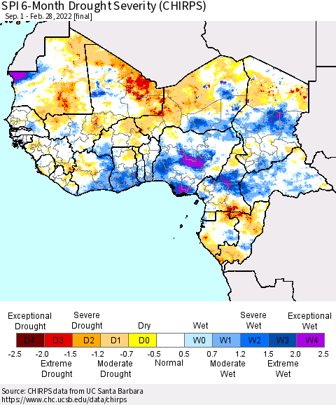 Western Africa SPI 6-Month Drought Severity (CHIRPS) Thematic Map For 9/1/2021 - 2/28/2022