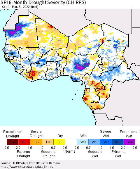 Western Africa SPI 6-Month Drought Severity (CHIRPS) Thematic Map For 10/1/2021 - 3/31/2022