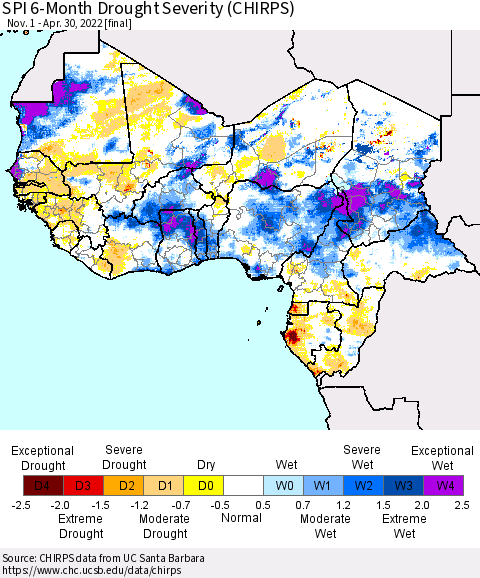 Western Africa SPI 6-Month Drought Severity (CHIRPS) Thematic Map For 11/1/2021 - 4/30/2022