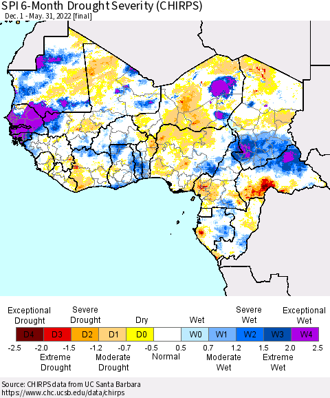 Western Africa SPI 6-Month Drought Severity (CHIRPS) Thematic Map For 12/1/2021 - 5/31/2022