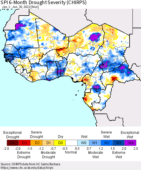 Western Africa SPI 6-Month Drought Severity (CHIRPS) Thematic Map For 1/1/2022 - 6/30/2022