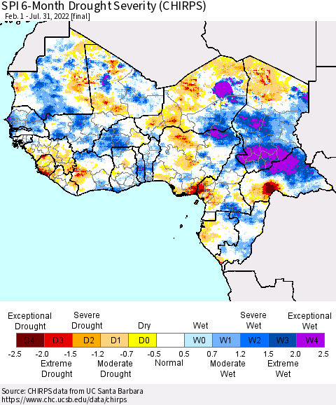 Western Africa SPI 6-Month Drought Severity (CHIRPS) Thematic Map For 2/1/2022 - 7/31/2022