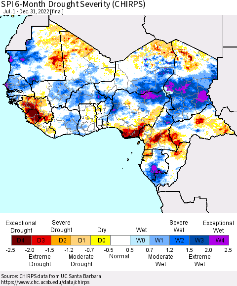 Western Africa SPI 6-Month Drought Severity (CHIRPS) Thematic Map For 7/1/2022 - 12/31/2022