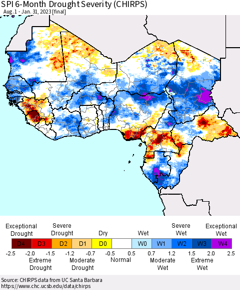 Western Africa SPI 6-Month Drought Severity (CHIRPS) Thematic Map For 8/1/2022 - 1/31/2023