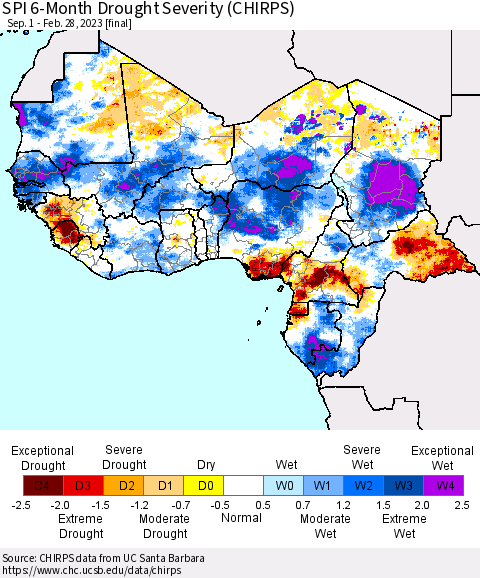 Western Africa SPI 6-Month Drought Severity (CHIRPS) Thematic Map For 9/1/2022 - 2/28/2023