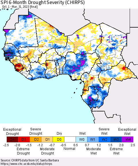 Western Africa SPI 6-Month Drought Severity (CHIRPS) Thematic Map For 10/1/2022 - 3/31/2023