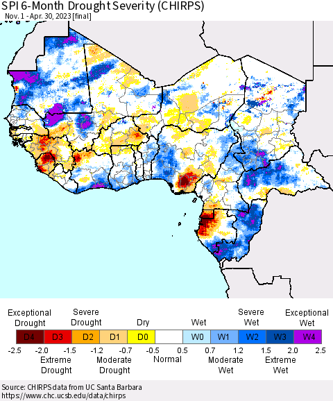 Western Africa SPI 6-Month Drought Severity (CHIRPS) Thematic Map For 11/1/2022 - 4/30/2023