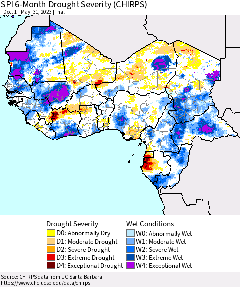 Western Africa SPI 6-Month Drought Severity (CHIRPS) Thematic Map For 12/1/2022 - 5/31/2023