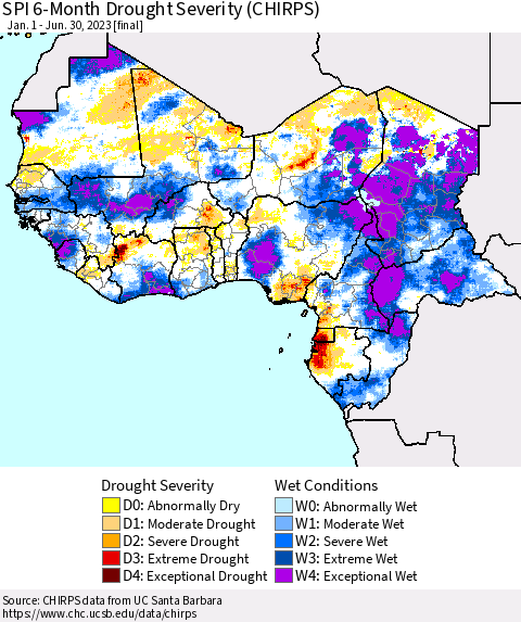 Western Africa SPI 6-Month Drought Severity (CHIRPS) Thematic Map For 1/1/2023 - 6/30/2023