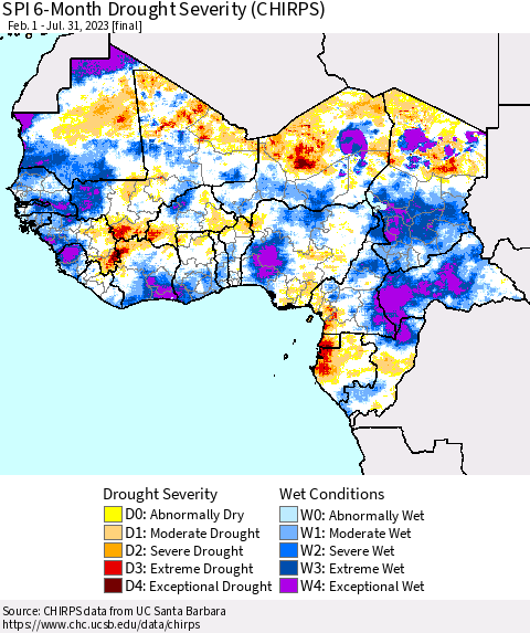 Western Africa SPI 6-Month Drought Severity (CHIRPS) Thematic Map For 2/1/2023 - 7/31/2023