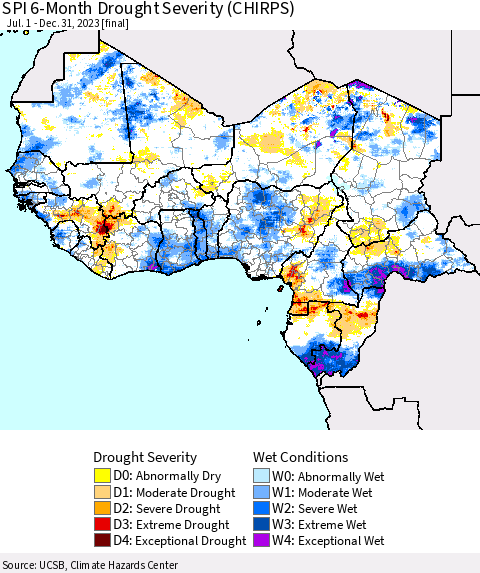 Western Africa SPI 6-Month Drought Severity (CHIRPS) Thematic Map For 7/1/2023 - 12/31/2023