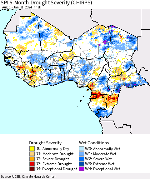 Western Africa SPI 6-Month Drought Severity (CHIRPS) Thematic Map For 8/1/2023 - 1/31/2024
