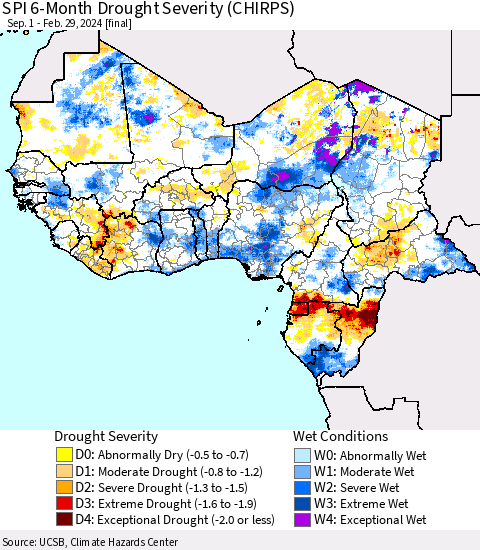 Western Africa SPI 6-Month Drought Severity (CHIRPS) Thematic Map For 9/1/2023 - 2/29/2024