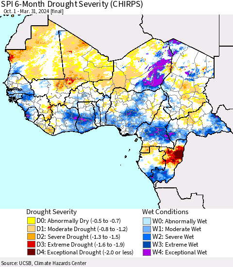 Western Africa SPI 6-Month Drought Severity (CHIRPS) Thematic Map For 10/1/2023 - 3/31/2024