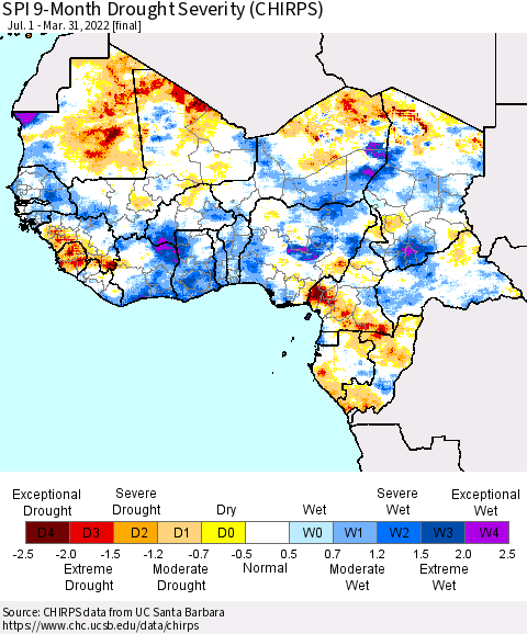 Western Africa SPI 9-Month Drought Severity (CHIRPS) Thematic Map For 7/1/2021 - 3/31/2022