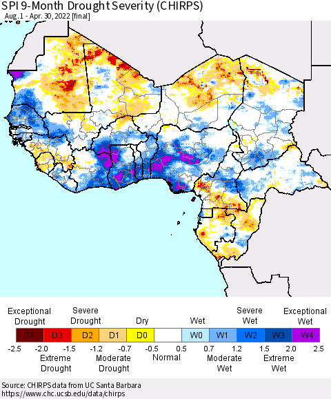 Western Africa SPI 9-Month Drought Severity (CHIRPS) Thematic Map For 8/1/2021 - 4/30/2022
