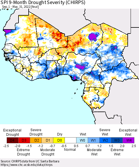 Western Africa SPI 9-Month Drought Severity (CHIRPS) Thematic Map For 9/1/2021 - 5/31/2022