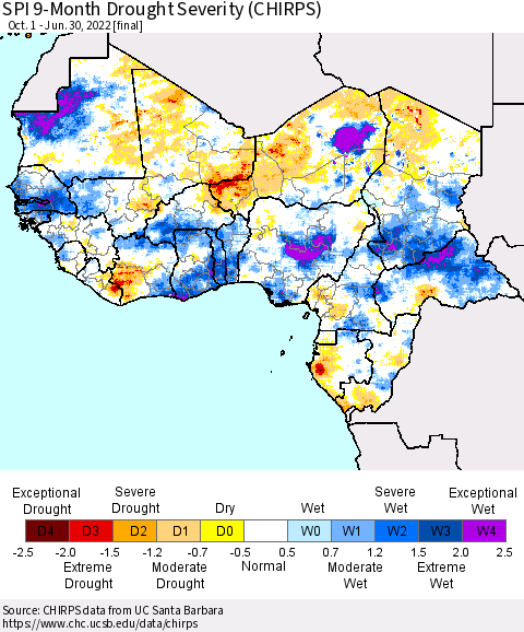 Western Africa SPI 9-Month Drought Severity (CHIRPS) Thematic Map For 10/1/2021 - 6/30/2022