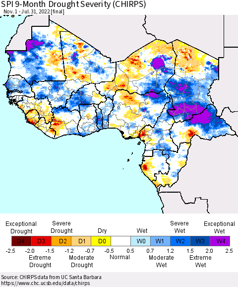 Western Africa SPI 9-Month Drought Severity (CHIRPS) Thematic Map For 11/1/2021 - 7/31/2022